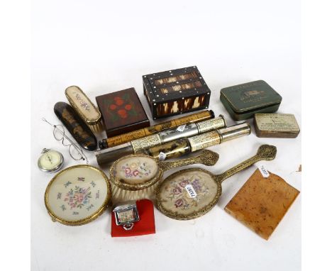 A quill and porcupine box, 2 Otis King's patent pocket calculators, 1 has scale no. 430, a perpetual calendar, a dressing tab