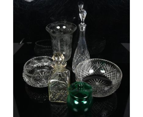 Various glass, including hurricane lantern, decanters etc 