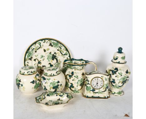 7 pieces of Mason's ironstone in Chartreuse pattern, to include pair of ginger jars, vase and cover, mantel clock etc 