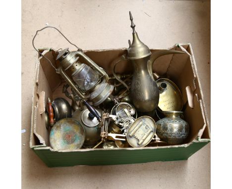 Various brass including Turkish ewer, 19th century chamber stick etc 