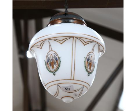 An early 20th century pendant light fitting, with painted glass shade and copper mounts, shade length 37cm 