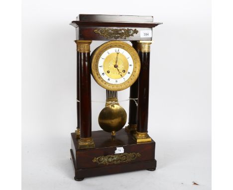 A 19th century mahogany 8-day 4-pillar portico clock, with a white enamel and gilded dial, and ormolu mounts, height 52cm 