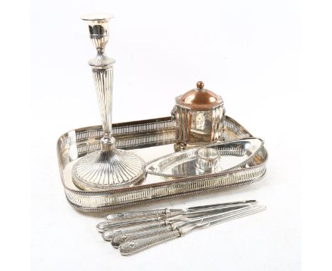 A group of silver plate on copper items, to include biscuit barrel, single fluted candlestick, rectangular tray, desk stand e