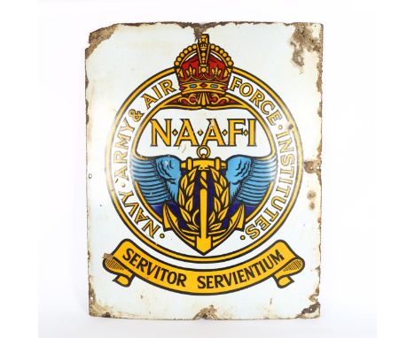 A Second World War Period NAAFI (Navy, Army And Air Force Institutes) pictorial enamel sign, 76cm x 61cmEdges quite rusty and