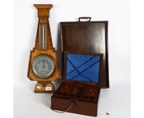 A rosewood 2-handled tea tray, mahogany sewing box and a barometer (3) 