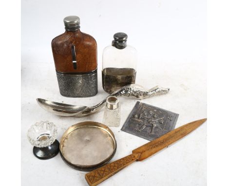 2 hip flasks, 1 leather-covered, a tavern scene plaque, an Eastern white metal serving spoon etc 