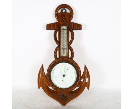 A Victorian oak-framed ship's anchor design barometer, length 53cm 