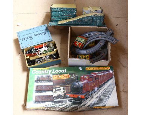 A Hornby Country Local electric train set, tinplate track, tunnel, engine, station etc 