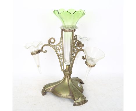 An Art Nouveau Walker & Hall EPNS table centre epergne, with central green glass funnel, model no. 1885, overall height 40cm 