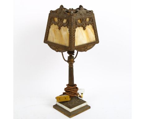 A mid-20th century brass and marble column table lamp, with mottled glass panel shade, overall height 45cm 