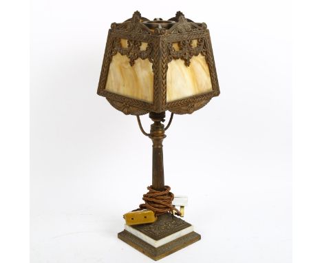 A mid-20th century brass and marble column table lamp, with mottled glass panel shade, overall height 45cm 