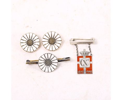 ANTON MICHELSEN - a pair of silver and white enamel earrings, with matching brooch, and a Georg Jensen brooch 