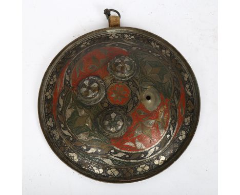 An Indian Damascus enamel shield, diameter 27cm (1 stud missing) 