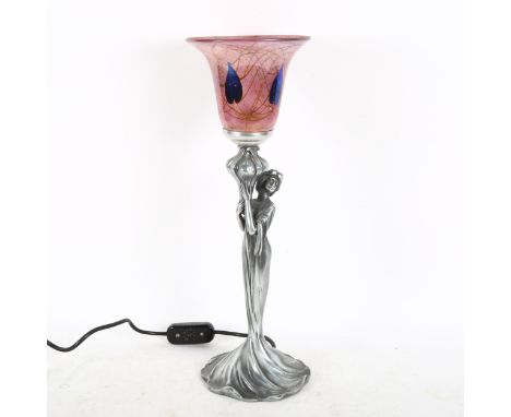 An Art Nouveau design table lamp and shade, with figural column, height 44cm 