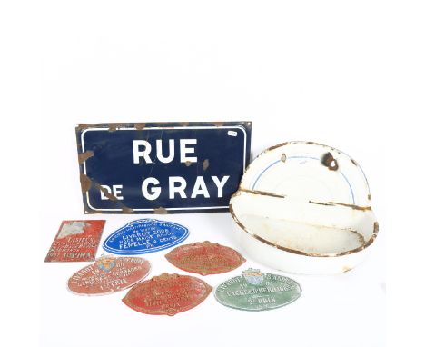 A French blue and white enamel street sign, 6 agricultural plaques, and a wall-hanging enamel basin 