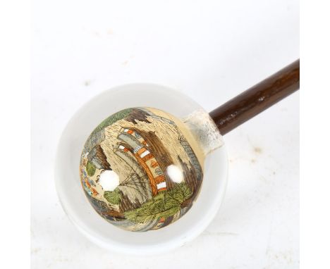 A Chinese walking stick with internally painted glass globe handle, handle diameter approx 7.5cm 