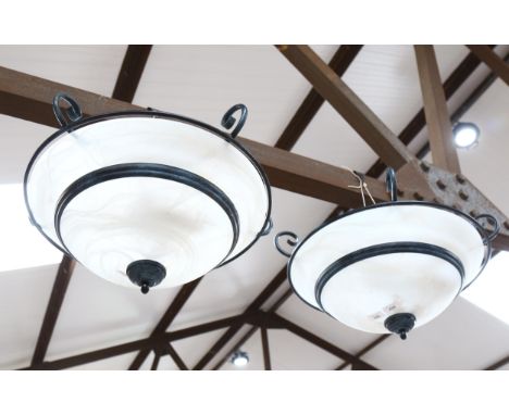 A pair of Art Deco style opaline glass ceiling light bowls, with metal mounts, diameter 50cm approx 