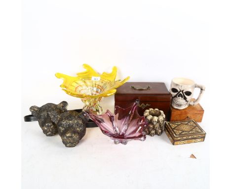 2 Art Glass bowls, a mahogany caddy, fox-head brackets etc 