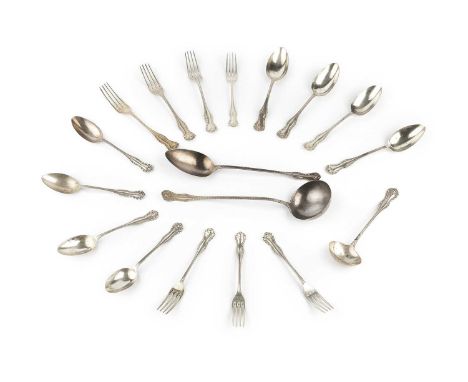 A part service of late Victorian and Edwardian silver flatware, of gadrooned hourglass shaped form, comprising soup ladle, gr