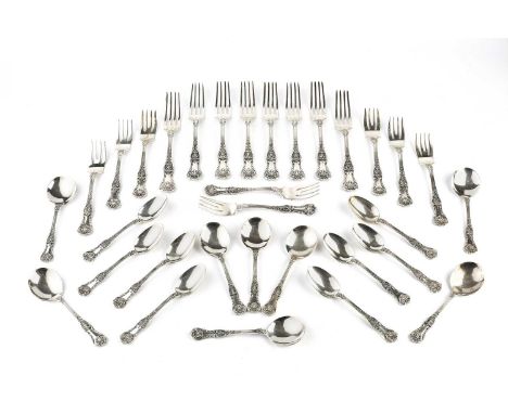 A service of American silver king's pattern flatware, comprising 8 table forks, 8 dessert spoons, 8 dessert forks and 8 teasp