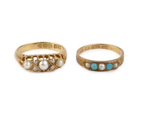 Two antique half pearl set dress rings, comprising a half pearl and diamond half hoop ring, 18ct gold mounted, with partial C