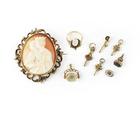 A collection of jewellery, comprising an oval shell cameo brooch, carved to depict the portrait profiles of two female figure