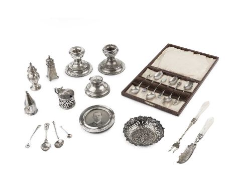 A small collection of assorted silver, to include a late Victorian pierced and embossed sweetmeat dish, by M. Bros, Birmingha