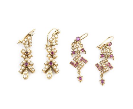 Two pairs of Eastern ruby and half pearl ear pendants, each of foliate design, on wire fittings, yellow precious metal mounte