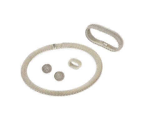 A 'Somerset' necklace, bracelet and ring matched suite by Tiffany &amp; Co., of continuous mesh-link design, each signed, the