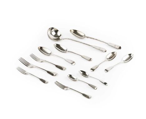 A matched part service of 19th century silver fiddle pattern flatware, comprising soup ladle, gravy spoon, 2 table spoons, 10