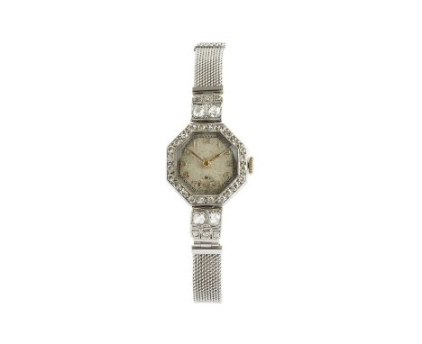 A diamond cocktail watch, the octagonal silvered dial with gilt Arabic numerals and subsidiary seconds dial, to a jewelled ma