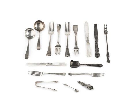 Two Georgian silver old English pattern sauce ladles, marks indistinct, and a collection of other silver flatware comprising 