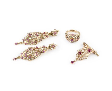 A pair of Eastern ruby and half pearl ear pendants, of openwork floral and foliate design, on wire fittings, yellow precious 