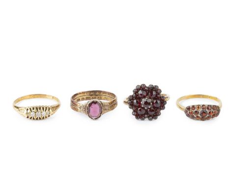 A diamond five stone ring, set with graduated old and lasque-cut diamonds, 18ct gold mounted, together with a garnet cluster 