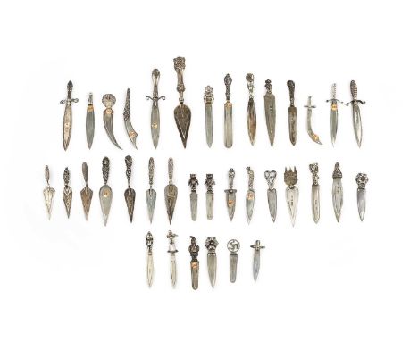 A collection of approximately thirty-five silver bookmarks, late 19th and early 20th century, to include trowel form, daggers