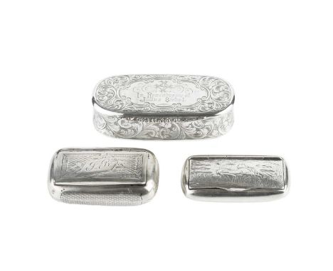 An early Victorian silver snuff box, of waisted, elongated oval form, engraved with scrolling foliage, by Hilliard &amp; Thom