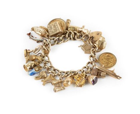 A charm bracelet, the 9ct gold curb-link bracelet with padlock clasp, suspending a collection of assorted 9ct gold, yellow me