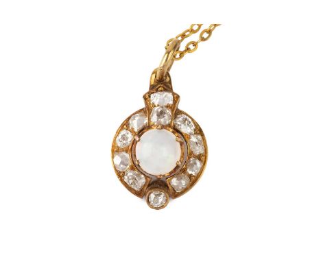 An opal and diamond cluster pendant, the circular cabochon opal claw set within a shaped surround of old-cut diamonds, suspen