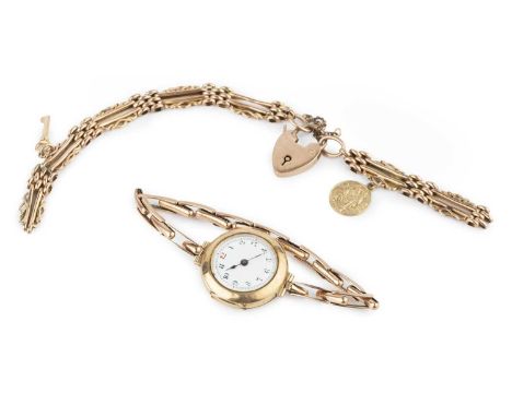 A fancy gate-link bracelet, with padlock clasp stamped '9C', suspending a St. Christopher charm stamped '9CT' and a key charm