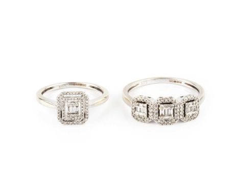 Two diamond set dress rings, comprising a triple cluster ring and a cluster ring, each with baguette and single-cut diamonds,