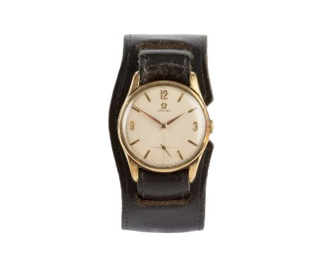 A 9ct gold cased wristwatch by Omega, the circular dial with gilt Arabic numeral quarters, baton markers and subsidiary secon