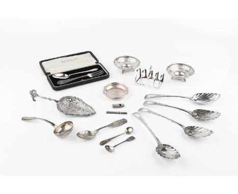 A collection of silver, comprising two pairs of George III table spoons, with later embossed and bright cut decoration, Londo