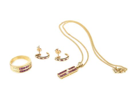 A collection of ruby and diamond set jewellery, comprising a bar-shaped pendant, channel set with two rows of square step-cut