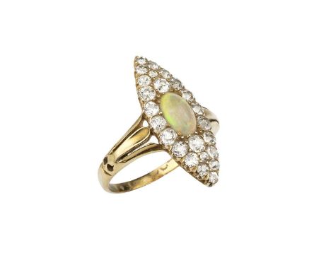 An opal and diamond panel ring, the navette-shaped panel centred with an oval cabochon opal, enclosed by a surround of pavé s