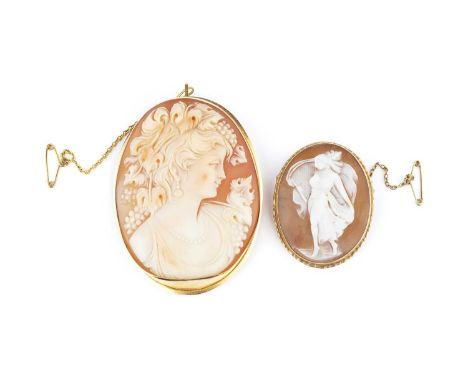 Two oval shell cameo brooches, the first carved to depict the portrait profile of a bacchante, with ropetwist wirework border