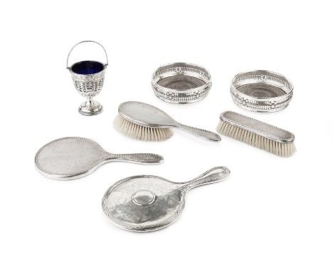 A silver backed three piece dressing set, with engine turned decoration, by William Comyns &amp; Sons Ltd, London 1938, anoth