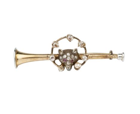 A late 19th/early 20th century diamond set bar brooch, modelled as a hunting horn and fox's mask, pavé set with rose and lasq