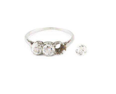 A diamond three stone ring, the old-cut diamonds in claw setting, white precious metal mounted, (one diamond loose), total di