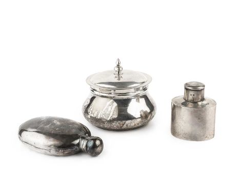 A late Victorian silver oval hip flask, by William Hutton &amp; Sons Ltd, London 1894, 14.5cm high, a George V silver powder 