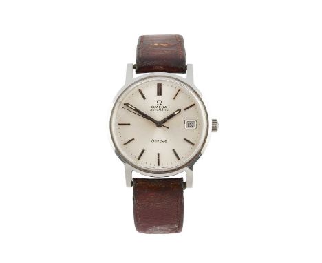 An automatic wristwatch by Omega, the circular silvered dial with baton markers, centre seconds hand and date display at 3, i